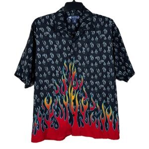 Vintage Big Dogs Flaming Dog Hawaiian Button Up Shirt L Black Red Rockabilly